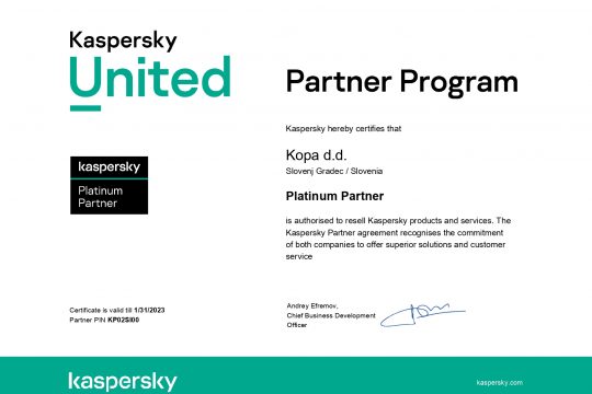 Kaspersky Platinum patner Certificate