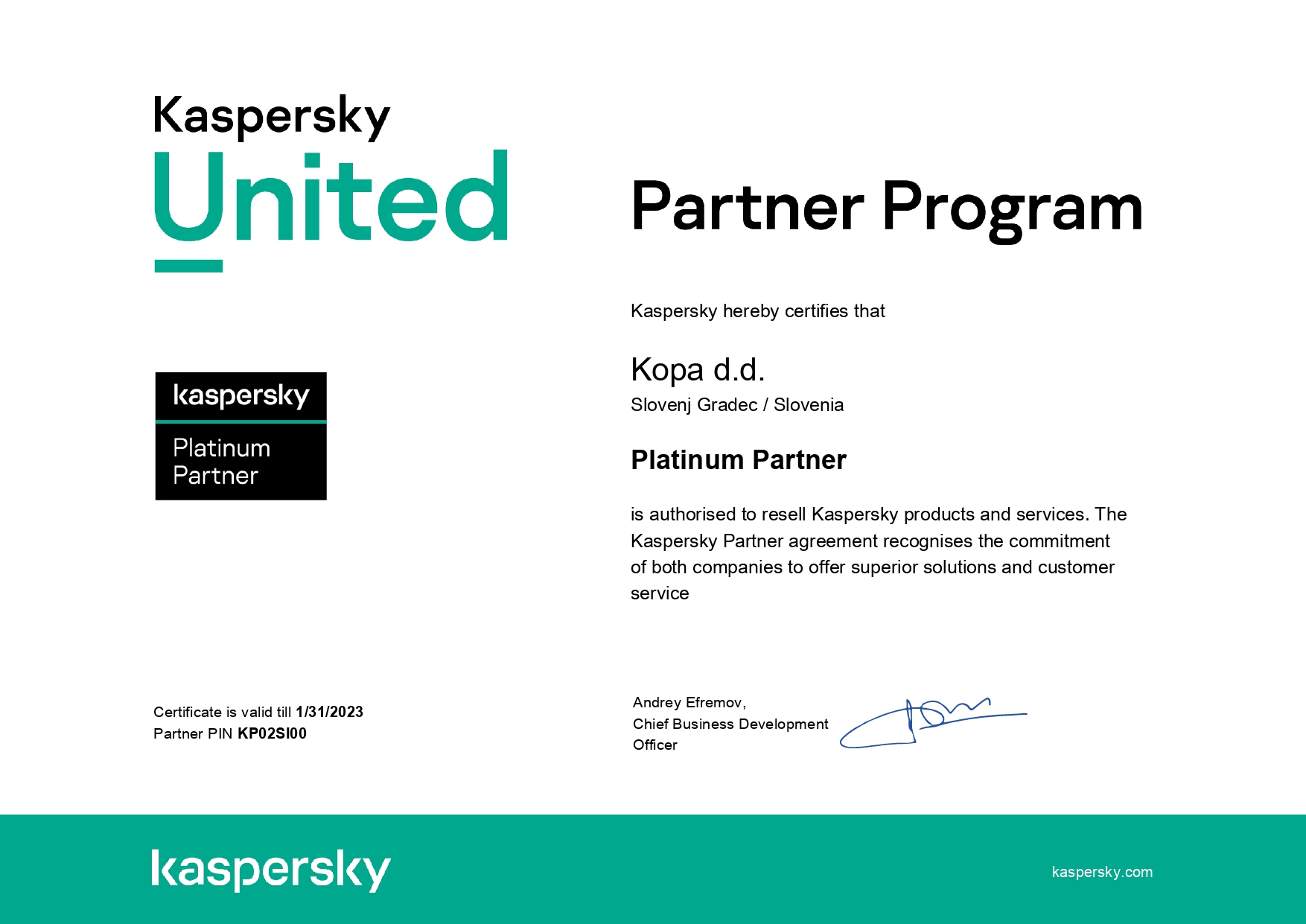 Kaspersky Platinum patner Certificate